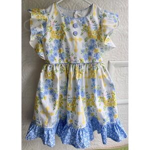 Eleanor‎ Rose Girls dress blue yellow floral boutique size 5-6 Flutter sleeve